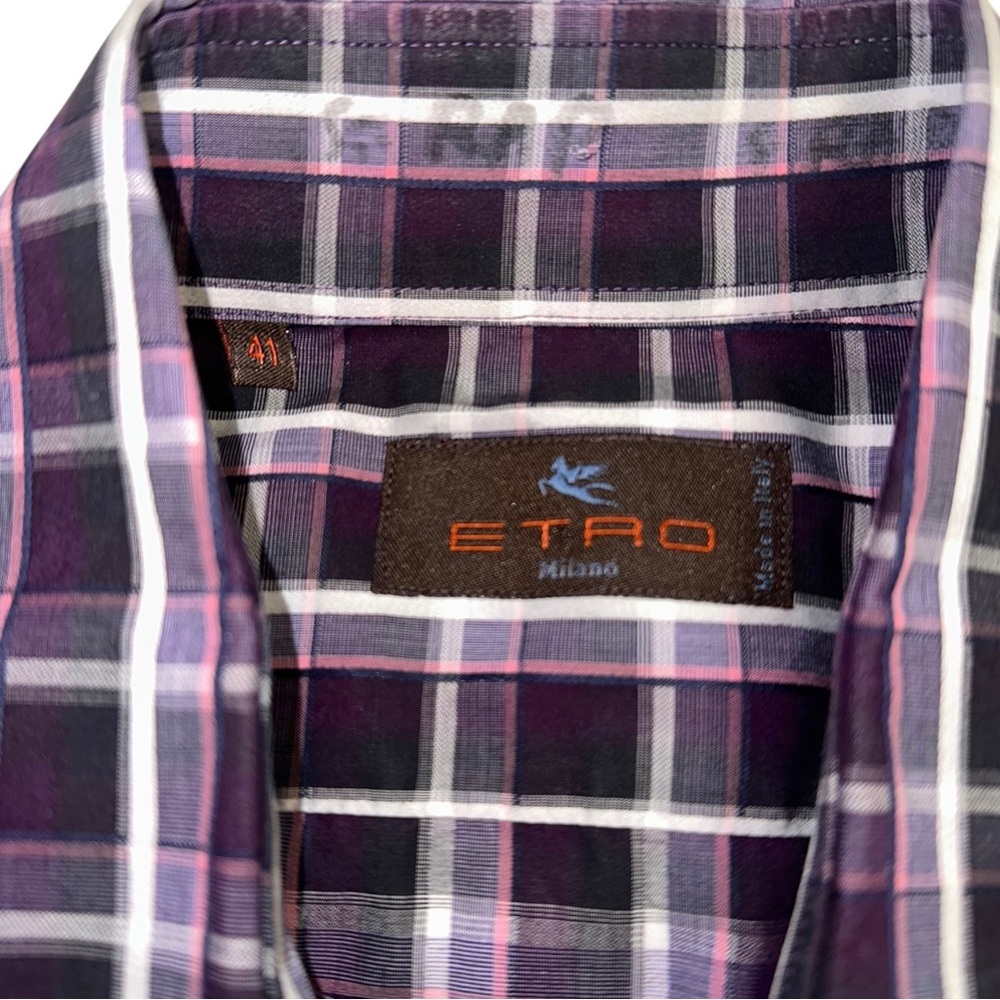 ETRO Milano Shirt Mens 100% Cotton Made in Italy Purple Plaid Button Up Size L - Picture 3 of 8